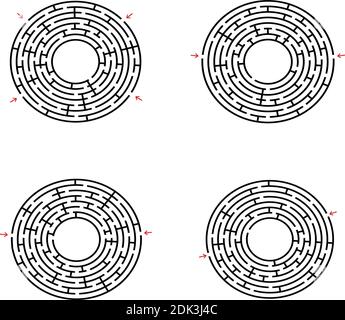 Schwarzes abstraktes rundes Labyrinth mit Platz für Ihre Zeichnung. Satz von vier Puzzles. Ein Interessantes und nützliches Spiel für Kinder. Einfache flache Vektorgrafik Stock Vektor