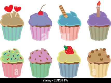 Vektor-Illustration Set von bunten Cupcakes in verschiedenen Geschmacksrichtungen und Toppings isoliert auf weißem Hintergrund. Stock Vektor