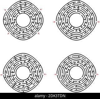 Schwarzes abstraktes rundes Labyrinth mit Platz für Ihre Zeichnung. Satz von vier Puzzles. Ein Interessantes und nützliches Spiel für Kinder. Einfache flache Vektorgrafik Stock Vektor