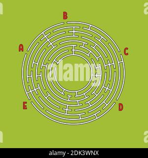 Abstraktes Rundlabyrinth. Spiel für Kinder. Kinderrätsel. Viele Eingänge, ein Ausgang. Labyrinth-Rätsel. Einfache, auf Colo isolierte Vektor-Darstellung Stock Vektor