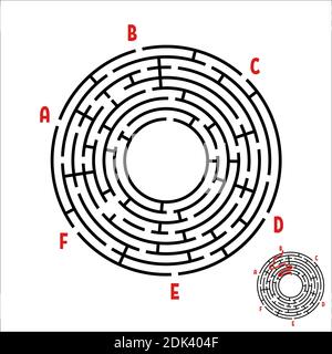 Abstraktes rundes Labyrinth. Spiel für Kinder. Kinder Puzzle. Sechs Eingänge, ein Ausgang. Labyrinth-Rätsel. Einfache flache Vektordarstellung isoliert auf Weiß Stock Vektor