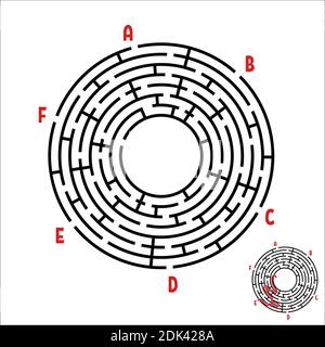 Schwarzes Rundlabyrinth. Spiel für Kinder. Kinderrätsel. Viele Eingänge, ein Ausgang. Labyrinth-Rätsel. Einfache flache Vektordarstellung isoliert auf weißem B. Stock Vektor