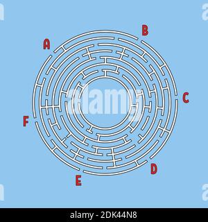 Abstraktes Rundlabyrinth. Spiel für Kinder. Kinderrätsel. Viele Eingänge, ein Ausgang. Labyrinth-Rätsel. Einfache, auf Colo isolierte Vektor-Darstellung Stock Vektor