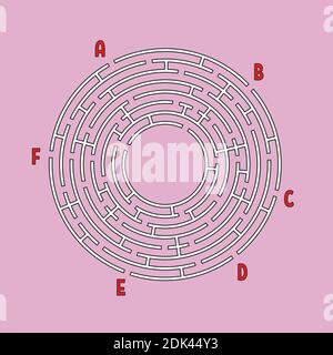 Abstraktes Rundlabyrinth. Spiel für Kinder. Kinderrätsel. Viele Eingänge, ein Ausgang. Labyrinth-Rätsel. Einfache, auf Colo isolierte Vektor-Darstellung Stock Vektor