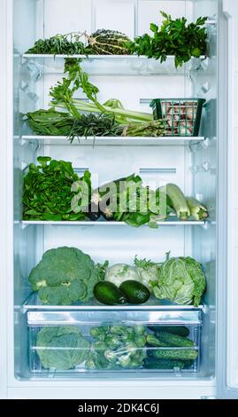 Frisches grünes Gemüse im Haushaltskühlschrank. Offener Kühlschrank mit ausgewählten grünen Gemüse und Gemüse. Vertikale Aufnahme von Kohl, Zucchini, Basilikum, Avocado und Gurken. Vegetarisches Essen Stockfoto