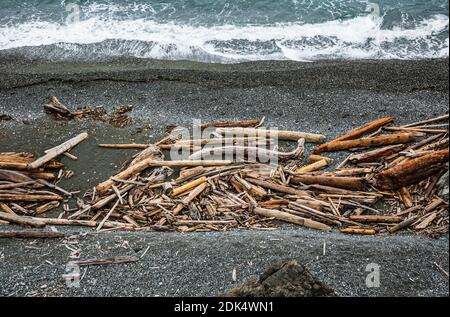 Ein Strand mit Treibholz entlang der Küste des American Camp National Historical Park an der Straße von Juan de Fuca, San Juan Island, Washington, USA Stockfoto