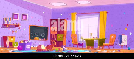 Unordentliches Zimmer im Kindergarten mit Zeichnungen an Möbeln und Wänden, Unordnung und Müll. Vector Cartoon Interieur von Kindern Spielzimmer mit schmutzigen Kreidetafel, Schreibtisch und Stuhl, verstreut Müll und Spielzeug Stock Vektor