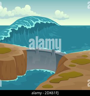 Meereslandschaft mit Staudamm und großer Welle. Schutzkonstruktion für Bucht oder Lagune gegen Wasser massiv. Vektor-Cartoon-Illustration von Wasser Barrikade, Staustufe, Wasserkraftwerk Stock Vektor