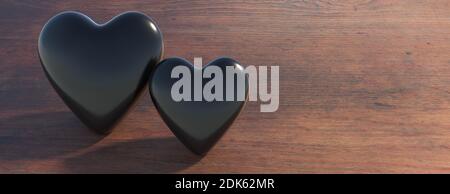 Zwei schwarze dunkle Herzen auf Holzgrund. Vorlage für Valentinskarte. Liebe, Leidenschaft, Gesundheitskonzept. 3d-Illustration Stockfoto