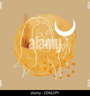 Handgezeichnete abstrakte Collage mit einzeiliger Zeichnung von Frau und Aquarell-Textur. Neutrale Erdfarben. Stockfoto