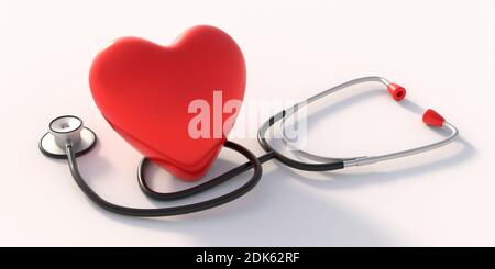 Stethoskop medizinische Geräte und ein rotes Herz isoliert auf weißem Hintergrund, Nahaufnahme. Health Check-up Krankheitsdiagnose Konzept. 3d-Illustration Stockfoto