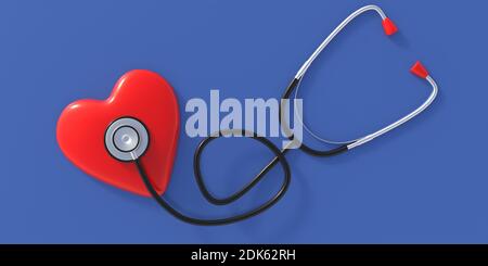 Stethoskop medizinische Geräte und ein rotes Herz auf blauem Hintergrund, Draufsicht. Health Check-up Krankheitsdiagnose Konzept. 3d-Illustration Stockfoto
