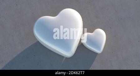 Zwei weiße Perlenherzen auf gary Beton Hintergrund. Vorlage für Valentinskarte. Liebe, Leidenschaft, Gesundheitskonzept. 3d-Illustration Stockfoto
