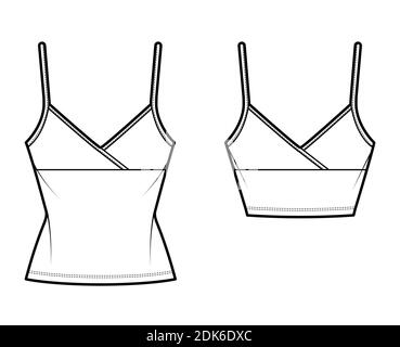 Set von Camisoles Surplice Tank Top technische Mode Illustration mit Empire-Naht, verstellbare Träger, Slim Fit, Crop oder Tunika Länge. Flache Schablone vorne weiß Farbe. Frauen Männer CAD Mockup Stock Vektor