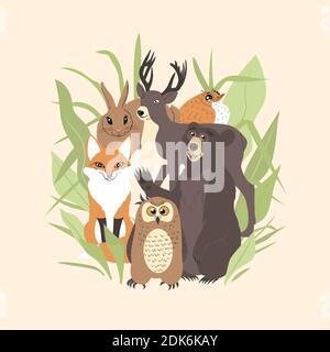 Grußkarte mit lustigen niedlichen Waldtiere Gruppe und Grün hinter. Isoliert auf weißem Hintergrund. Stock Vektor