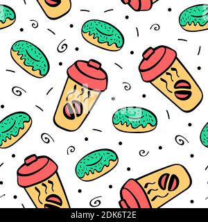 Nahtloses Muster mit handgezeichneten Donuts und Kaffee. Doodle Hintergrund. Vektorgrafik. Stock Vektor