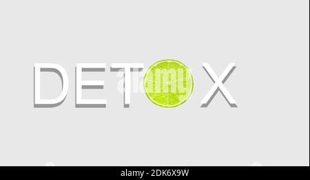 Weißer Detox-Text auf grauem Hintergrund isoliert. Buchstabe O aus Scheibe frischer Limette. Stockfoto