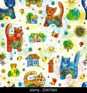 Fröhliche bunte Aquarell-Katzen, nahtlose Muster für Stoff und Kleidung, Geschenkpapier für Scrapbooking, Vorlage für Postkarte Design, Wand Stockfoto