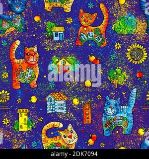 Fröhliche bunte Aquarell-Katzen, nahtlose Muster für Stoff und Kleidung, Geschenkpapier für Scrapbooking, Vorlage für Postkarte Design, Wand Stockfoto