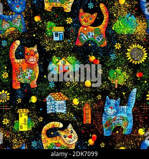 Fröhliche bunte Aquarell-Katzen, nahtlose Muster für Stoff und Kleidung, Geschenkpapier für Scrapbooking, Vorlage für Postkarte Design, Wand Stockfoto