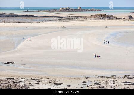 Blick bei Ebbe auf das Wattenmeer vor der Gezeiteninsel Ebihens bei Saint Malo in der Bretagne, Frankreich. Stockfoto