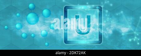 U-Symbol. Chemisches Uran-Element mit Molekül und Netzwerk auf blauem Hintergrund Stockfoto