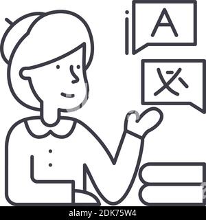 Interpreter-Symbol, lineare isolierte Illustration, Vektor mit dünnen Linien, Webdesign-Zeichen, Konturkonzept-Symbol mit bearbeitbarer Kontur auf weißem Hintergrund. Stock Vektor