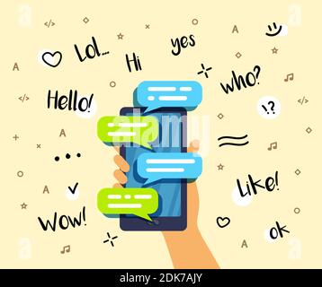 Hand hält ein Smartphone und chattet Blasenreden. Vor dem Hintergrund eines Konzepts mit Online-Chat von Freunden. Vektorgrafik, flach sty Stock Vektor