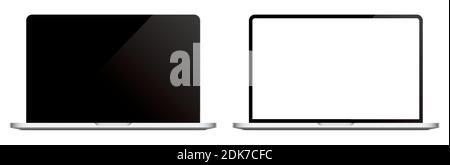 Moderner Laptop-Vektor-Mockup, mit einem schwarzen und weißen leeren Bildschirm, isoliert auf dem Hintergrund. Realistische Notizbuch-Vektor-Vorlage. Stock Vektor
