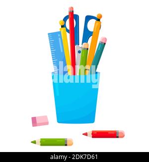 Schule oder Büro Tasse für Stifte und Stifte. Helle, flache Abbildung auf weißem Hintergrund. Stifte, Scheren, Bleistifte und Lineale. Schreibwarenhalter symb Stock Vektor