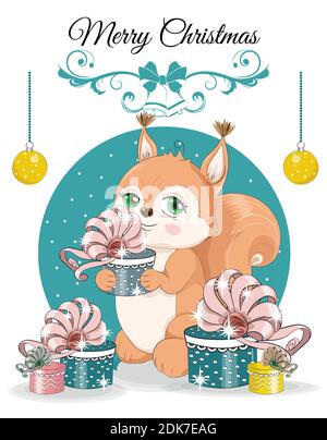 Frohes neues Jahr. Frohe Weihnachten niedlichen Eichhörnchen mit Geschenken. Bild in der Hand Zeichnung Cartoon-Stil, für T-Shirt tragen Mode-Druck-Design, Grußkarte Stock Vektor