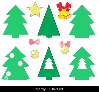 Vector stencil, templates of Christmas trees, decorations and toys, balls, bows, bells, for cakes, appliqués, stickers, handmade greeting card Stock Vector