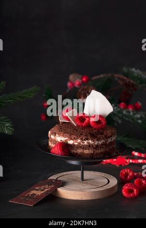 sponge cake three chocolates in a New Year's holiday decoration with raspberries. on dark background Stock Photo