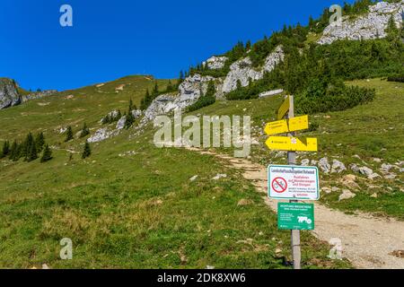 Germany, Bavaria, Upper Bavaria, Oberland, Bayrischzell, Rotwand area, Rotwand, signpost at the Rotwandhaus Stock Photo