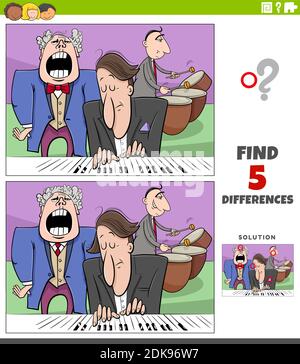 Cartoon Illustration der Suche nach den Unterschieden zwischen Bildern Lernspiel Für Kinder mit Musikband Stock Vektor