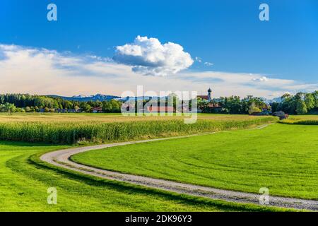 Deutschland, Bayern, Oberbayern, Tölzer Land, Dietramszell, Kreis Lochen, Kulturlandschaft und Stadtansicht mit St. Magdalena Kirche vor den Ausläufern der Alpen Stockfoto