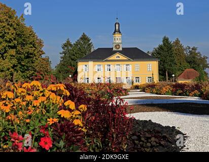 Salt works building, flower beds, spa gardens, Bad Rappenau, Baden-Wuerttemberg, Germany Stock Photo