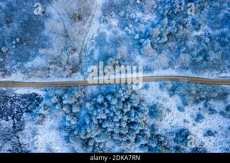 Windige Winterstraße in schneebedecktem Wald, von oben aus Luftbild. Stockfoto