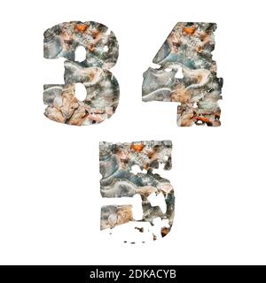 3D-Rendering von gefrorenen und geknackten Alphabet - Ziffern 3-5 Stockfoto