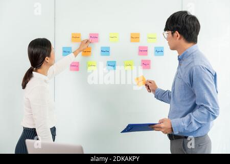Business Manager zeigen Idee für ihr Team und kleben viele Memo-Papier auf Glasfenster zum Erfolg Arbeit in Business Meeting Kreativbüro, Planung Stockfoto