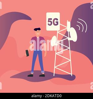 A modern man with phone and 5g tower. High wifi communication, flat drawn cartoon style Stock Vektor