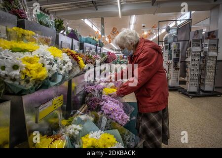 Ältere Frau in den 80ern, die allein in einem Supermarkt für ihren Wochenladen, England, Vereinigtes Königreich, einkauft Stockfoto