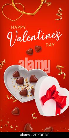 Valentine Geschenkbox Form Herz auf rotem Hintergrund mit Schokolade Form Herz. Tolles Design für jeden Zweck. Grußkarte, Banner, Poster. Vektor Stock Vektor