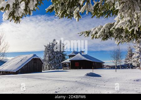 Winter in Pestera Village. Ländliche Landschaft in den Karpaten, Rumänien. Stockfoto