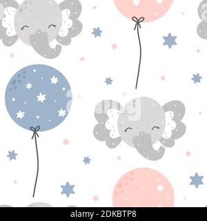 Niedliche kindliche Elefant nahtlose Muster mit Luftballons. Handgezeichnete Vektorgrafik im skandinavischen Stil. Stock Vektor