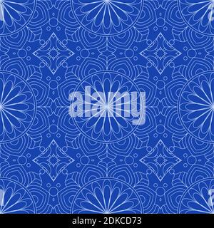 Ethnic nahtlose Vektor-Muster. Blaues monochromes geometrisches Mandala. Stock Vektor