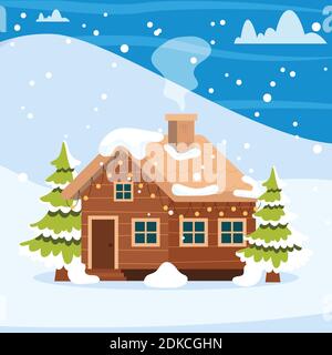 Cartoon winter landscape scene with wooden house, pine trees and snow mountains. vector illustration Stock Vektor
