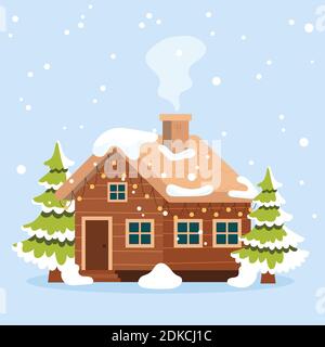 Cartoon winter landscape scene with wooden house, pine trees and snow mountains. vector illustration Stock Vektor