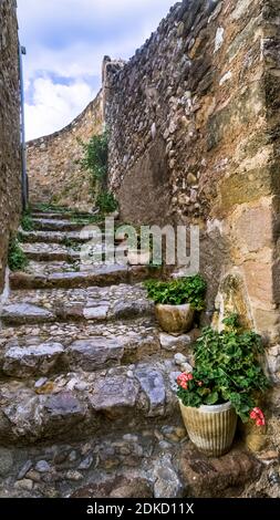 Old stone stairs and stone wall in Montouliers in summer. Stock Photo