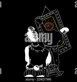 Ikllustration eines Paares hängen Kunstwerk im Rahmen auf der Wand Stockfoto